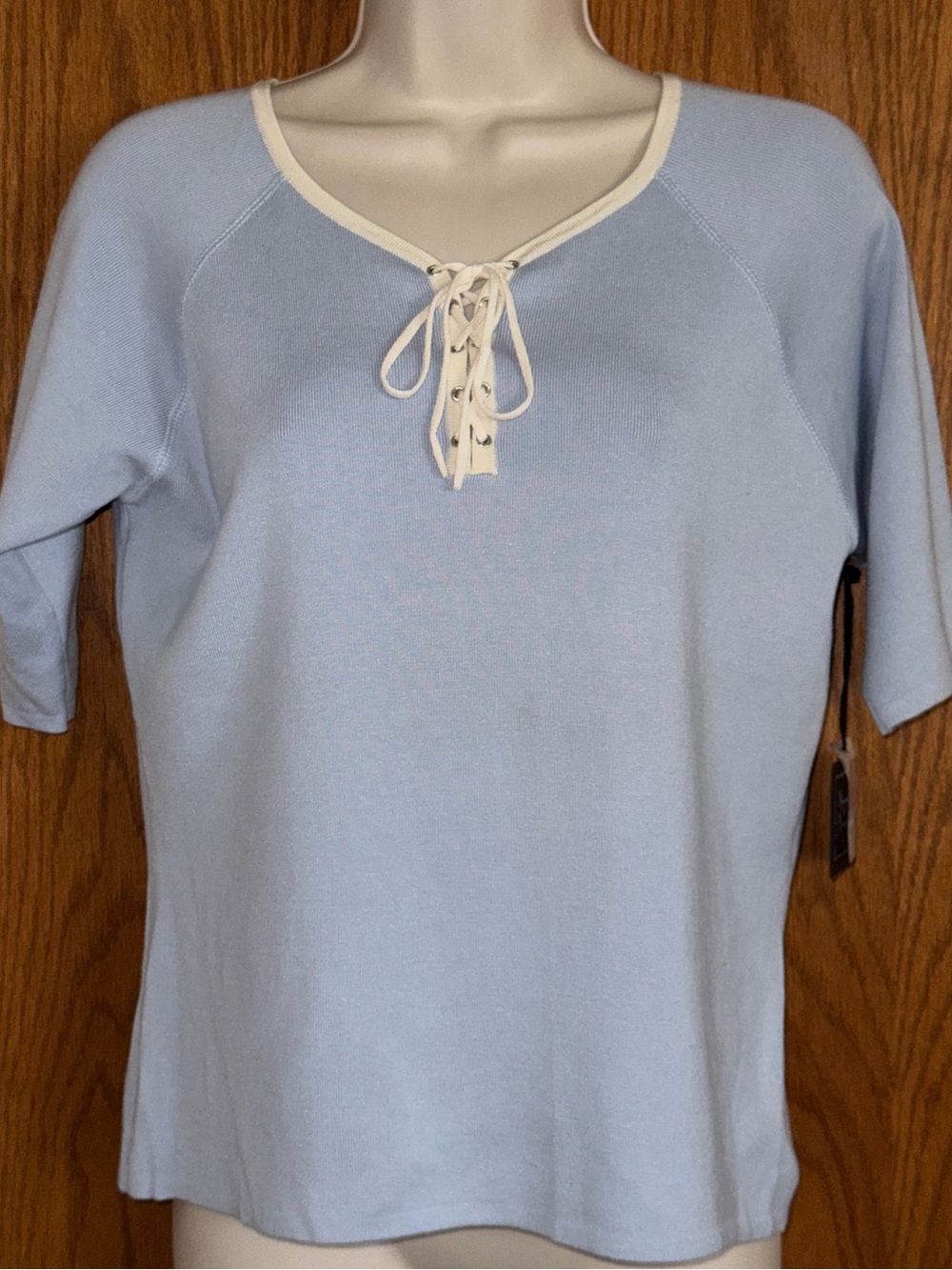 Mercer + Madison Blue Sweater Top Tie Front White Trim Silk Blend Women's Size M
